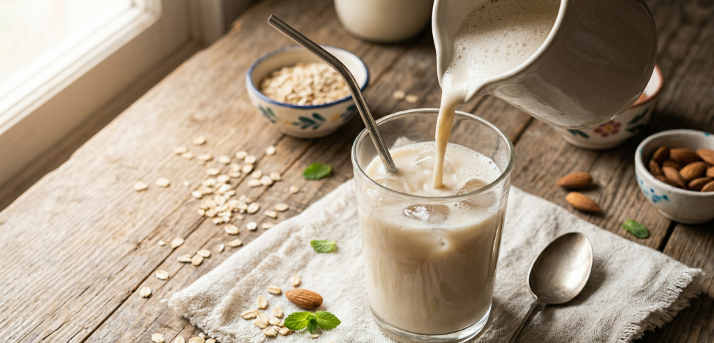 Primer plano dramático de bebida de avena ecológica cremosa vertiéndose en vaso rústico con espuma y copos de avena esparcidos.