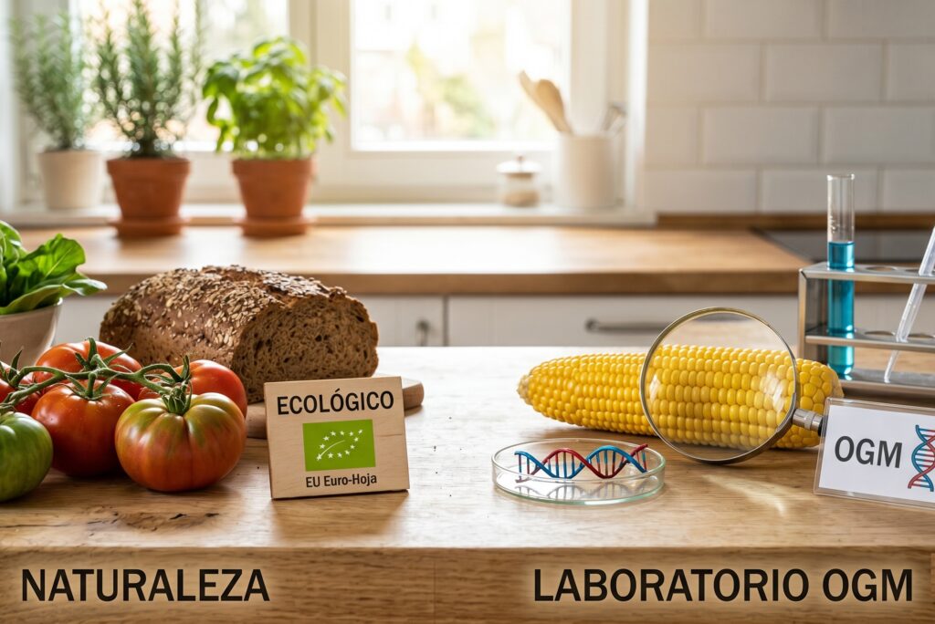 Comparativa visual entre alimentos ecológicos con sello Eurohoja y alimentos transgénicos OGM en un laboratorio.