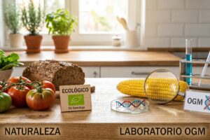 Comparativa visual entre alimentos ecológicos con sello Eurohoja y alimentos transgénicos OGM en un laboratorio.