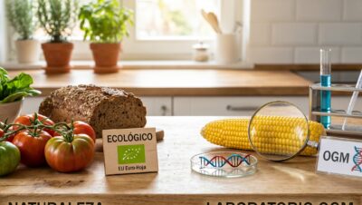 Comparativa visual entre alimentos ecológicos con sello Eurohoja y alimentos transgénicos OGM en un laboratorio.