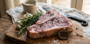 Chuletón crudo rústico sobre tabla de madera con sello Bio Eurohoja, romero y sal gorda para comparativa de supermercados.