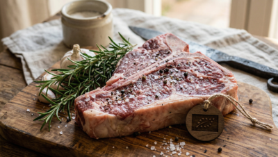 Chuletón crudo rústico sobre tabla de madera con sello Bio Eurohoja, romero y sal gorda para comparativa de supermercados.