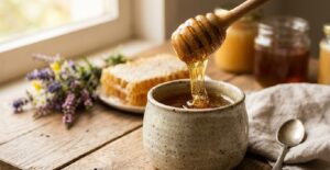Cuchara de madera mielera con miel ecológica densa cayendo en tarro rústico, con panal de abeja y flores silvestres en el fondo