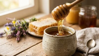 Cuchara de madera mielera con miel ecológica densa cayendo en tarro rústico, con panal de abeja y flores silvestres en el fondo