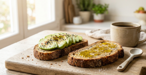 Dos rebanadas de pan de trigo sarraceno tostado de Mercadona con aguacate, semillas de sésamo y aceite de oliva virgen extra sobre tabla de madera rústica.