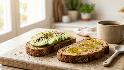 Dos rebanadas de pan de trigo sarraceno tostado de Mercadona con aguacate, semillas de sésamo y aceite de oliva virgen extra sobre tabla de madera rústica.