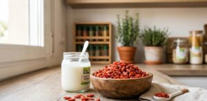 Bol de madera con bayas de Goji ecológicas junto a un tarro de kéfir GutBio en una cocina luminosa. Desayuno saludable y antioxidante con superalimentos bio 2026.