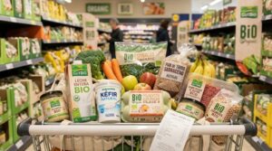 Carrito de supermercado lleno de productos ecológicos de marca blanca en 2026: Leche Entera Bio GutBio (Aldi), Kéfir Natural Hacendado (Mercadona), Huevos Ecológicos Clase 0 Bio Organic (Lidl), Pan de Trigo Sarraceno, Carne Picada y verduras frescas con un ticket de compra visible en primer plano.