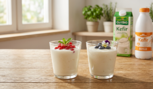 Comparativa de Kéfir GutBio de Aldi y Kéfir Hacendado de Mercadona en vasos rústicos con frutas y menta sobre una mesa de madera.