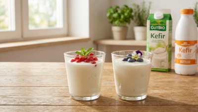 Comparativa de Kéfir GutBio de Aldi y Kéfir Hacendado de Mercadona en vasos rústicos con frutas y menta sobre una mesa de madera.