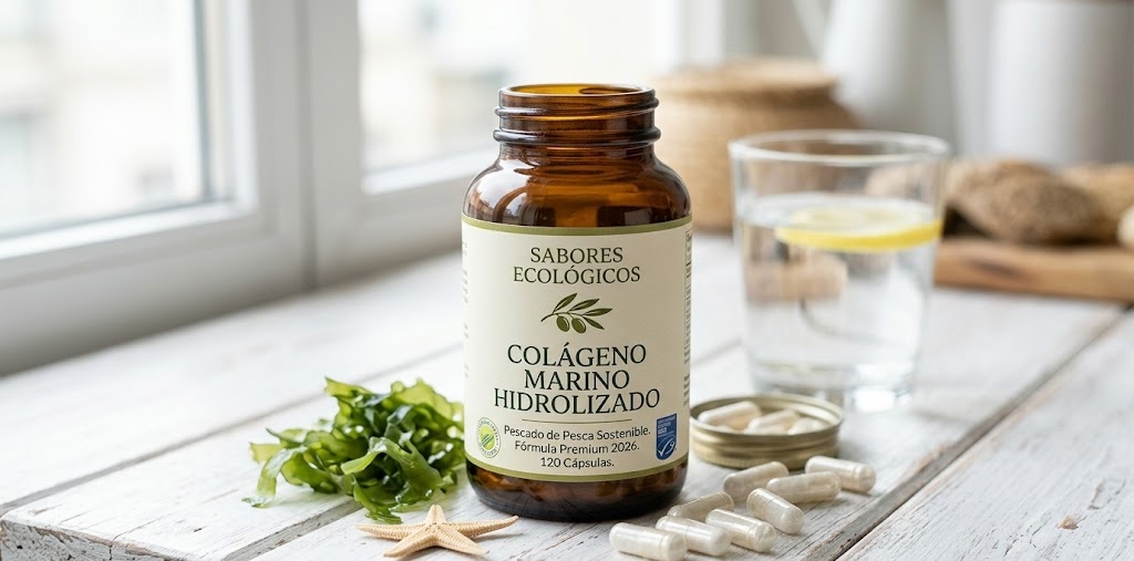 Bote de Colágeno Marino Hidrolizado de Sabores Ecológicos sobre mesa de madera blanca, con cápsulas, algas frescas y un vaso de agua con limón. Suplemento premium de pesca sostenible 2026.