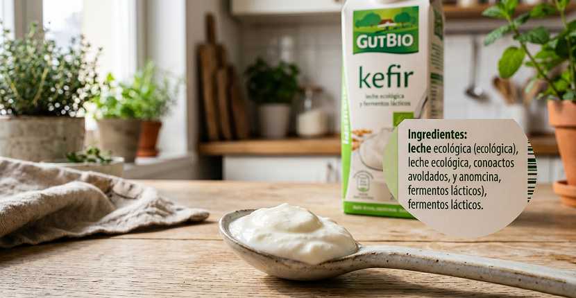 Primer plano de la textura cremosa del Kéfir GutBio de Aldi en cuchara de cerámica, con envase y lista de ingredientes al fondo.